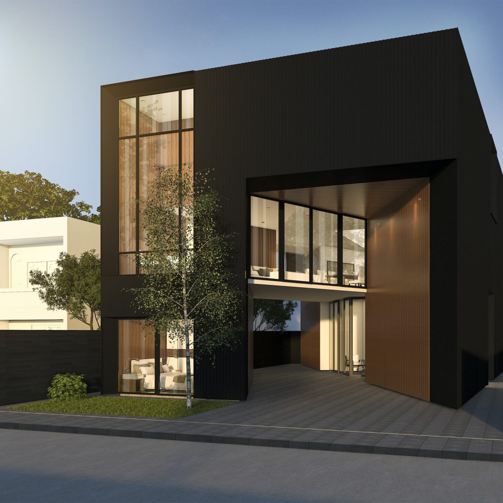 3d rendering minimal black cubic house in summer